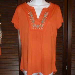 Absolutely Famous Orange V-Neck, Pleats Turquoise Embroidery Short Sleeve Top M